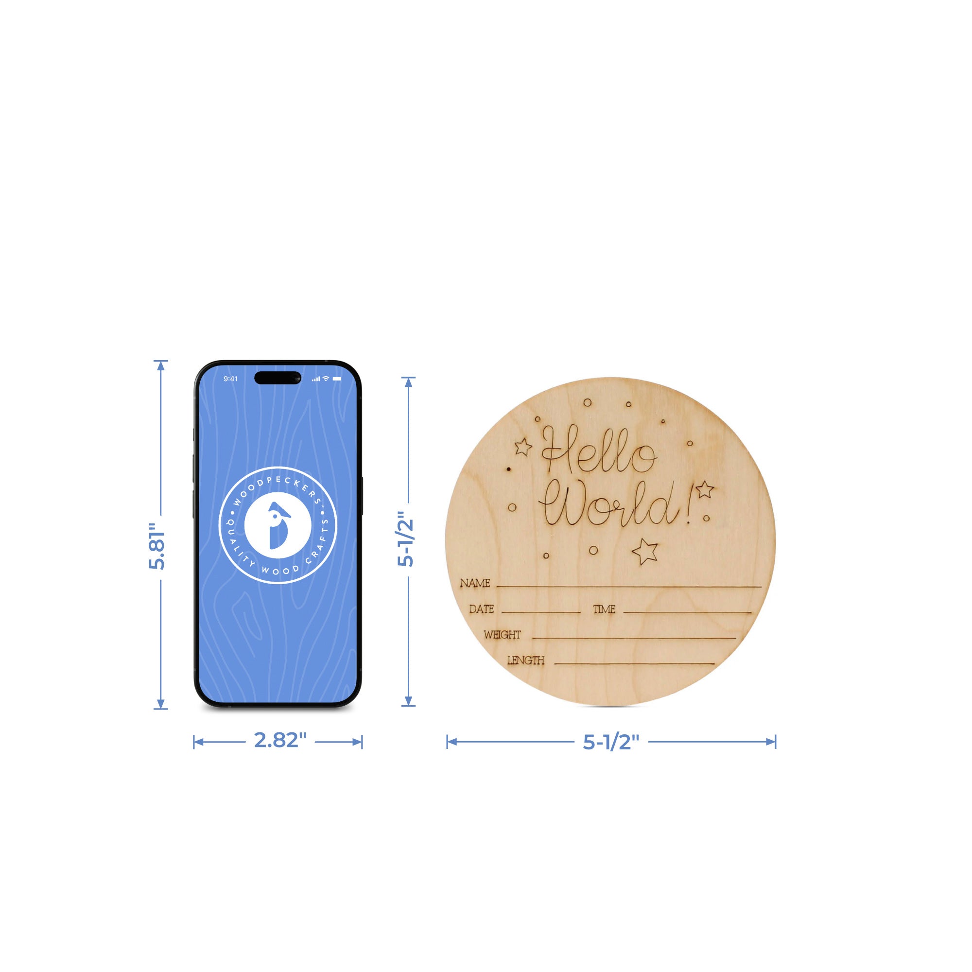 Round “Hello World” Birth Announcement Sign, 5.5”