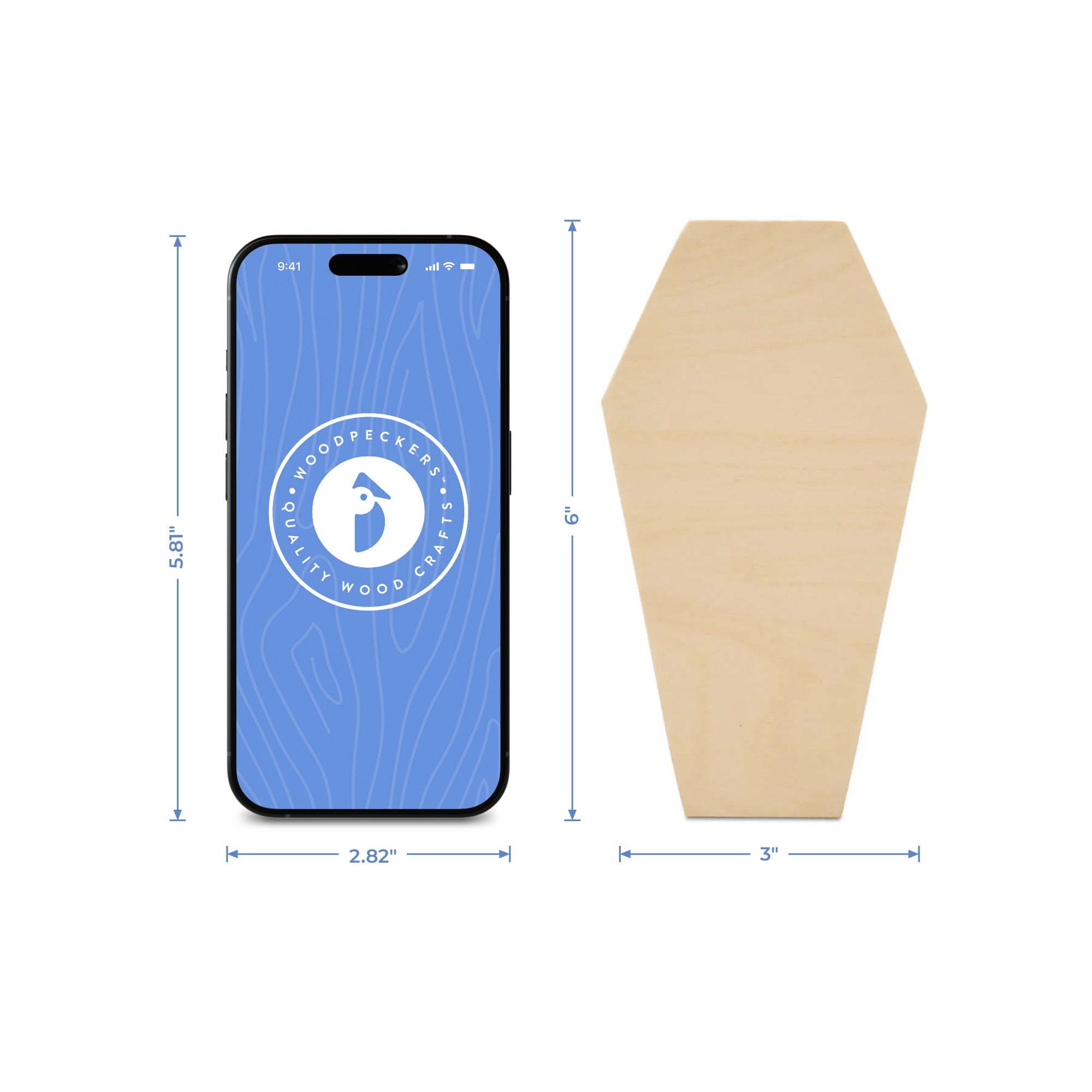 Wood Coffin Cutout, 6" x 3"