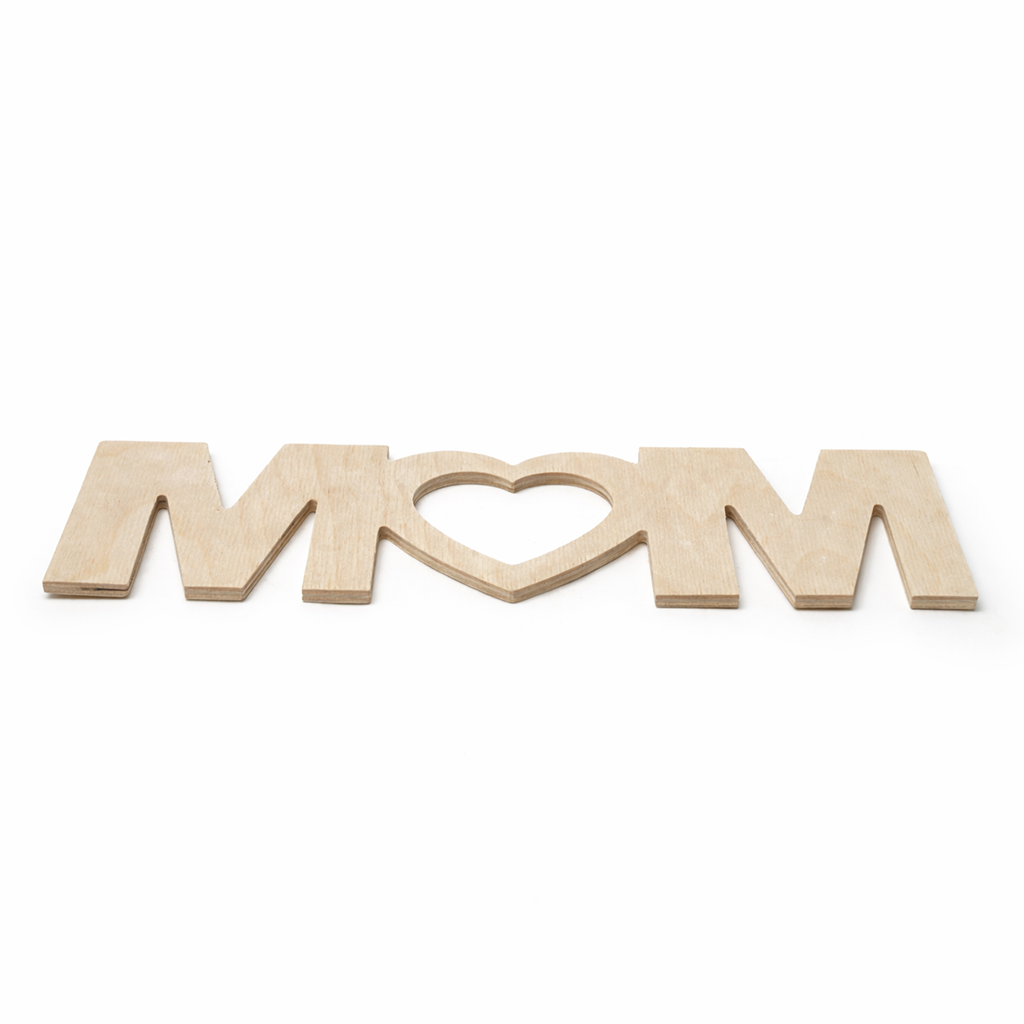 Wooden word 'MOM' with a heart in the middle on a white background