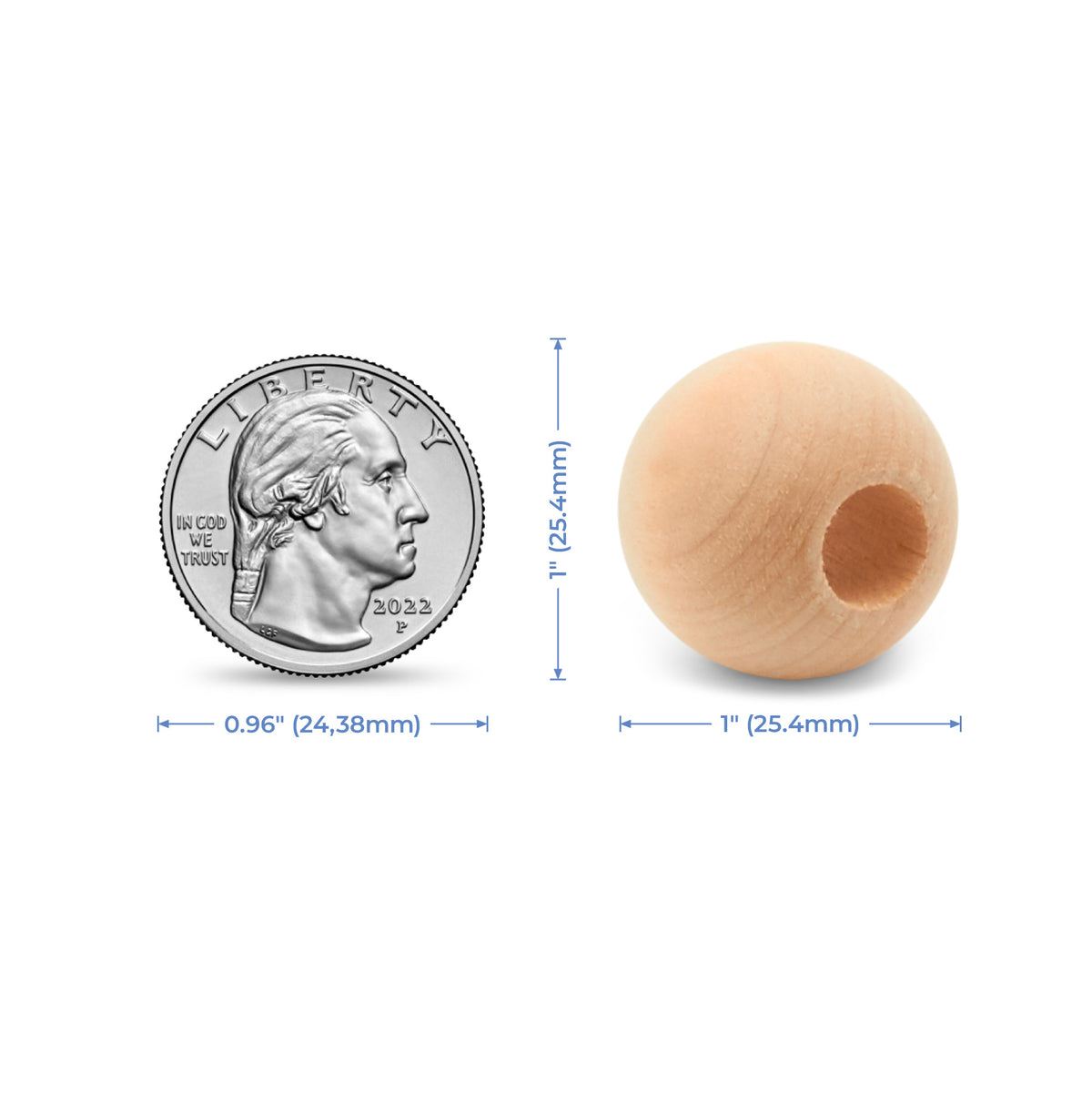 1" (25.4mm) Natural Wood Ball Bead with 3/8" (9.53mm) Hole