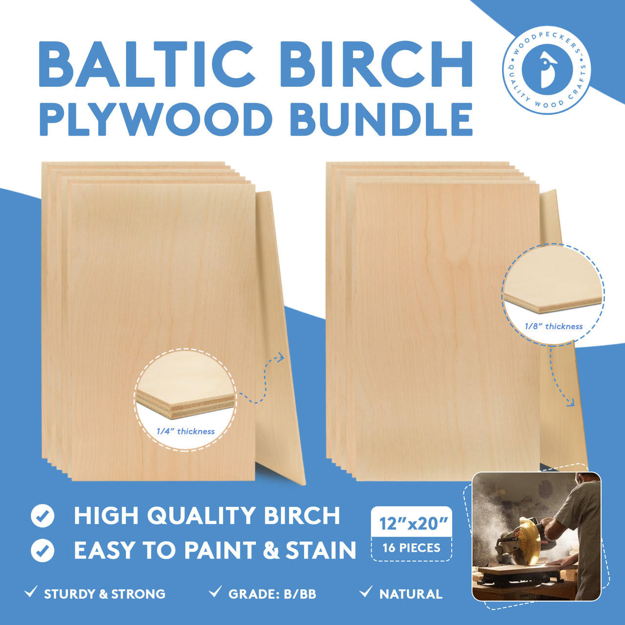Baltic Birch Plywood B/BB, 16 Pack, 12 x 20-inch Bundle