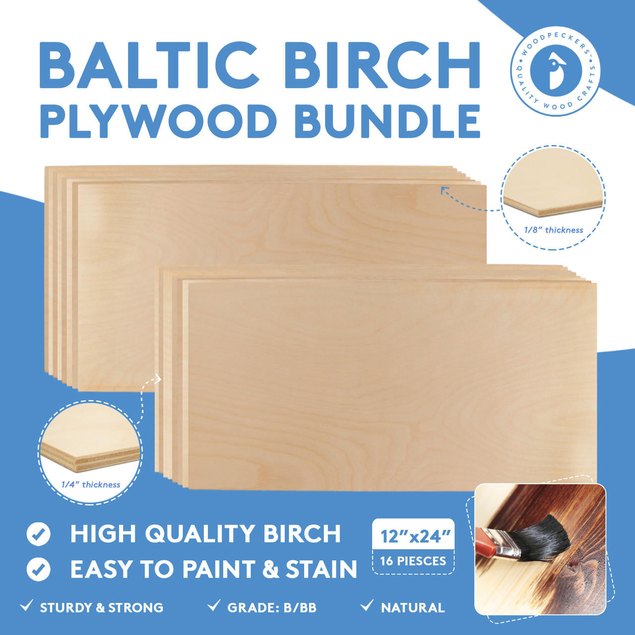 Baltic Birch Plywood B/BB, 16 Pack, 12 x 24-inch Bundle