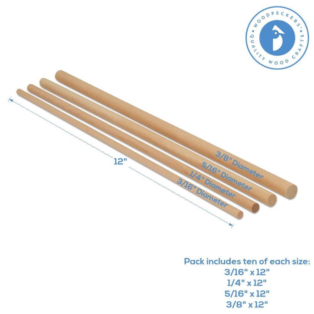 Dowel Rod Pack 12" Assortment, 40 Pieces
