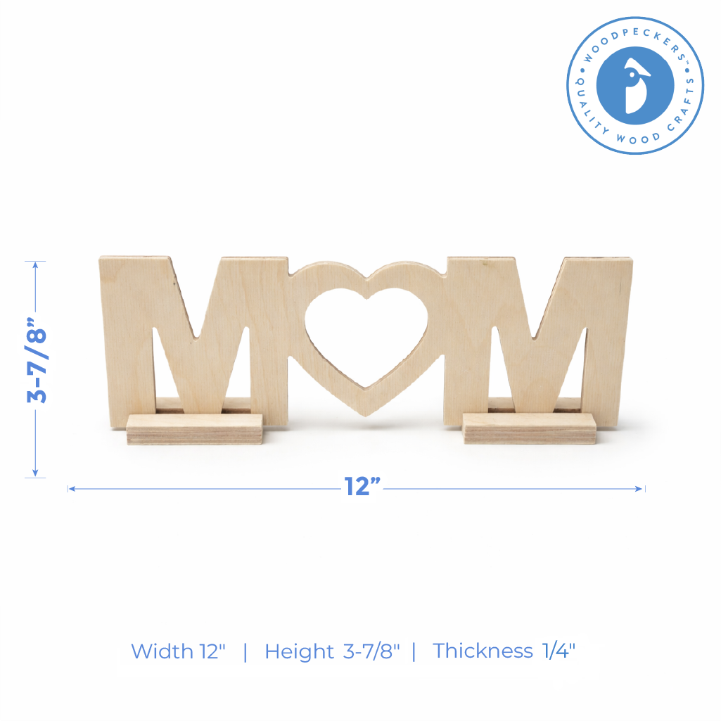 Wooden decorative sign with 'MOM' and heart design, featuring dimensions on a white background.