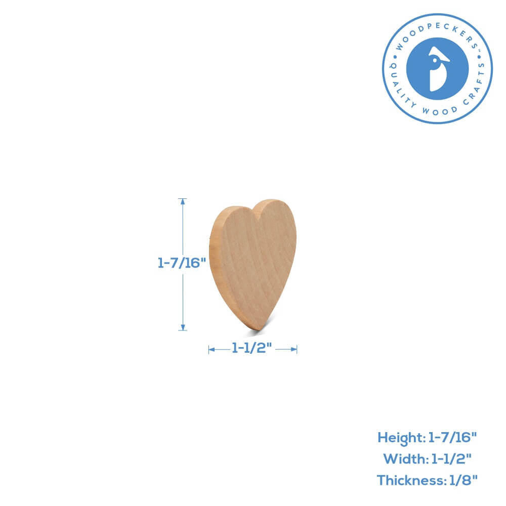 1-1/2" Wood Heart Cutout, 1/8" Thick