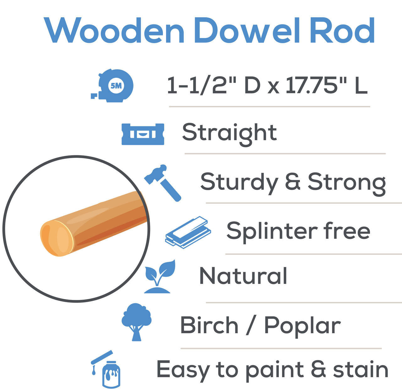 1-1/2" X 17-3/4" Wooden Dowel