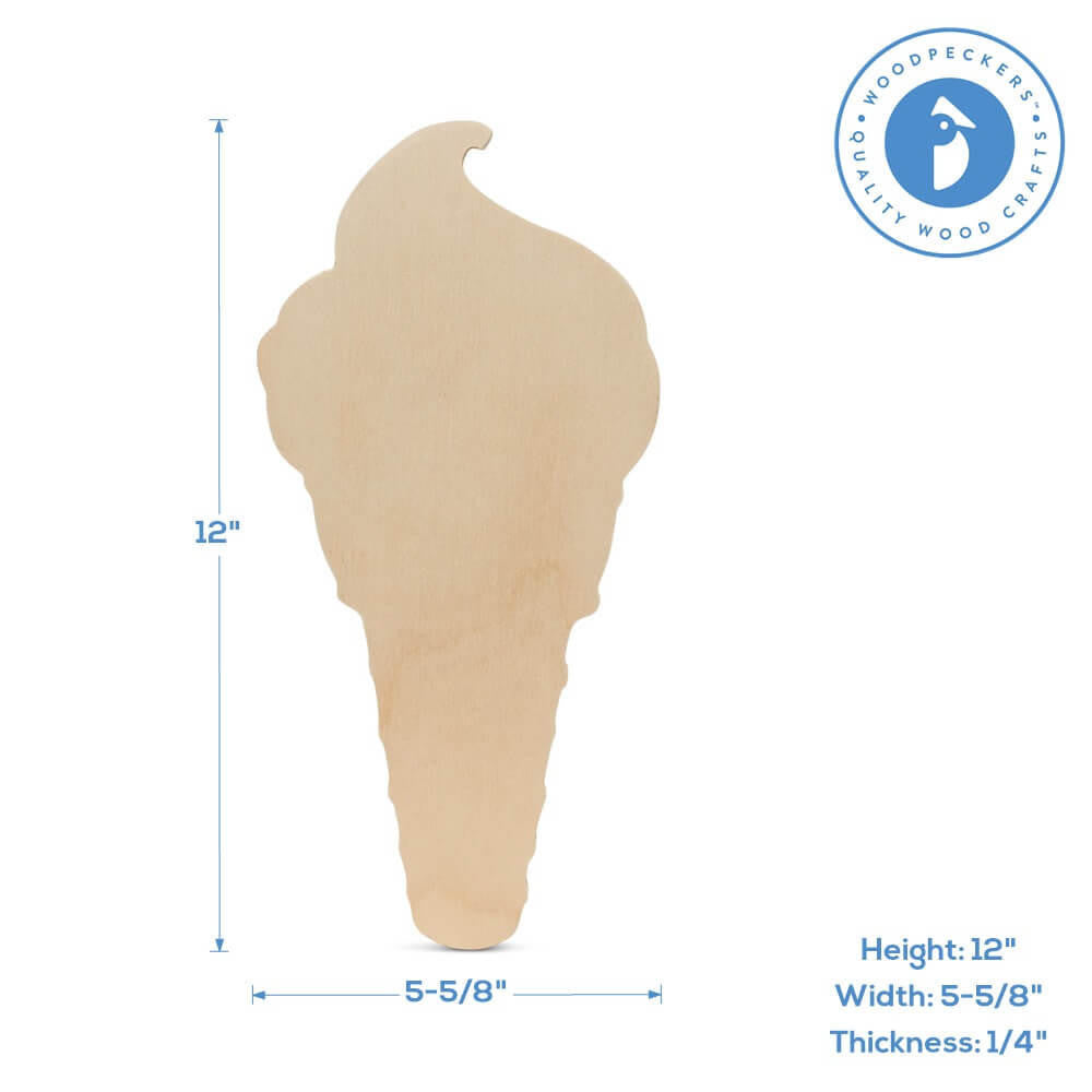 Woodpeckers Crafts 12" Wood Ice Cream Cone Cutout, 12" x 5.8" x 1/4"
