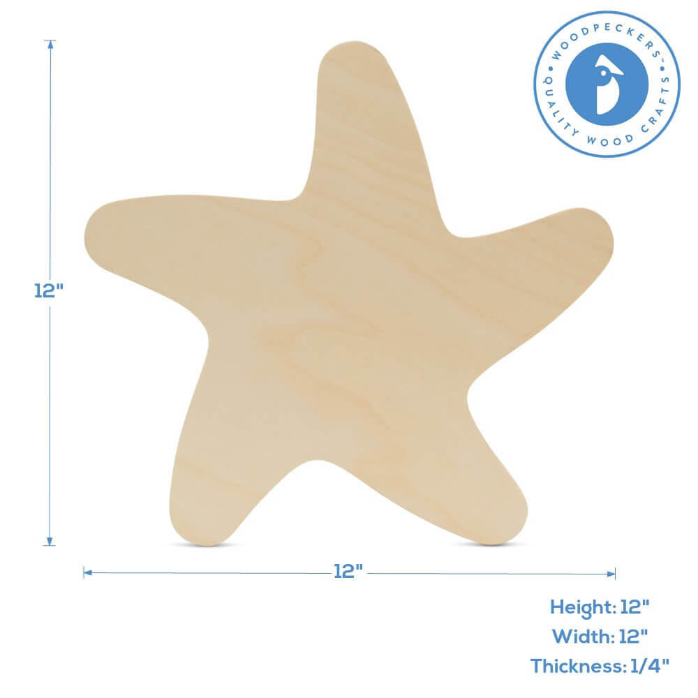 12" Wood Starfish Cutout, 12" x 11.5" x 1/4"