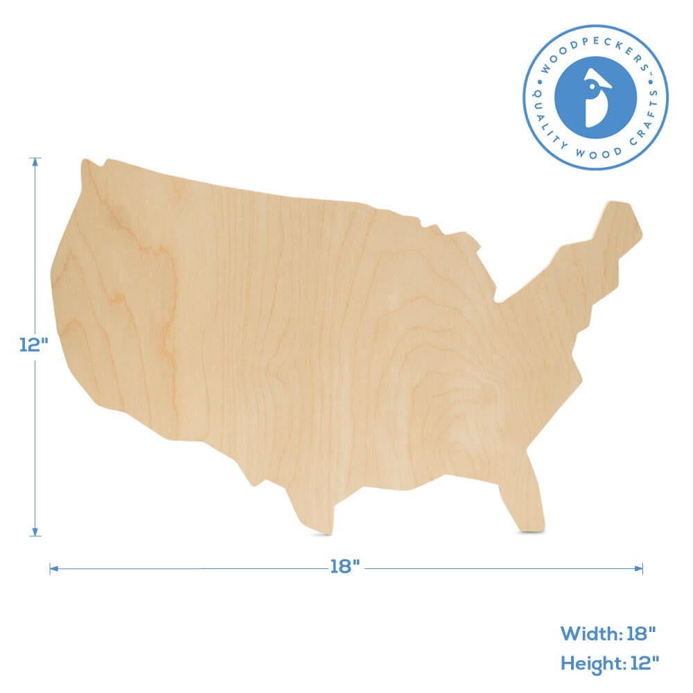 Woodpeckers Crafts 18" Wood Map of USA Cutout, 18" x 11" x 1/4"
