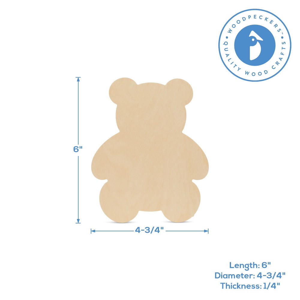 Woodpeckers Crafts 6" Wood Teddy Bear Cutout, 6" x 4-3/4" x 1/4"