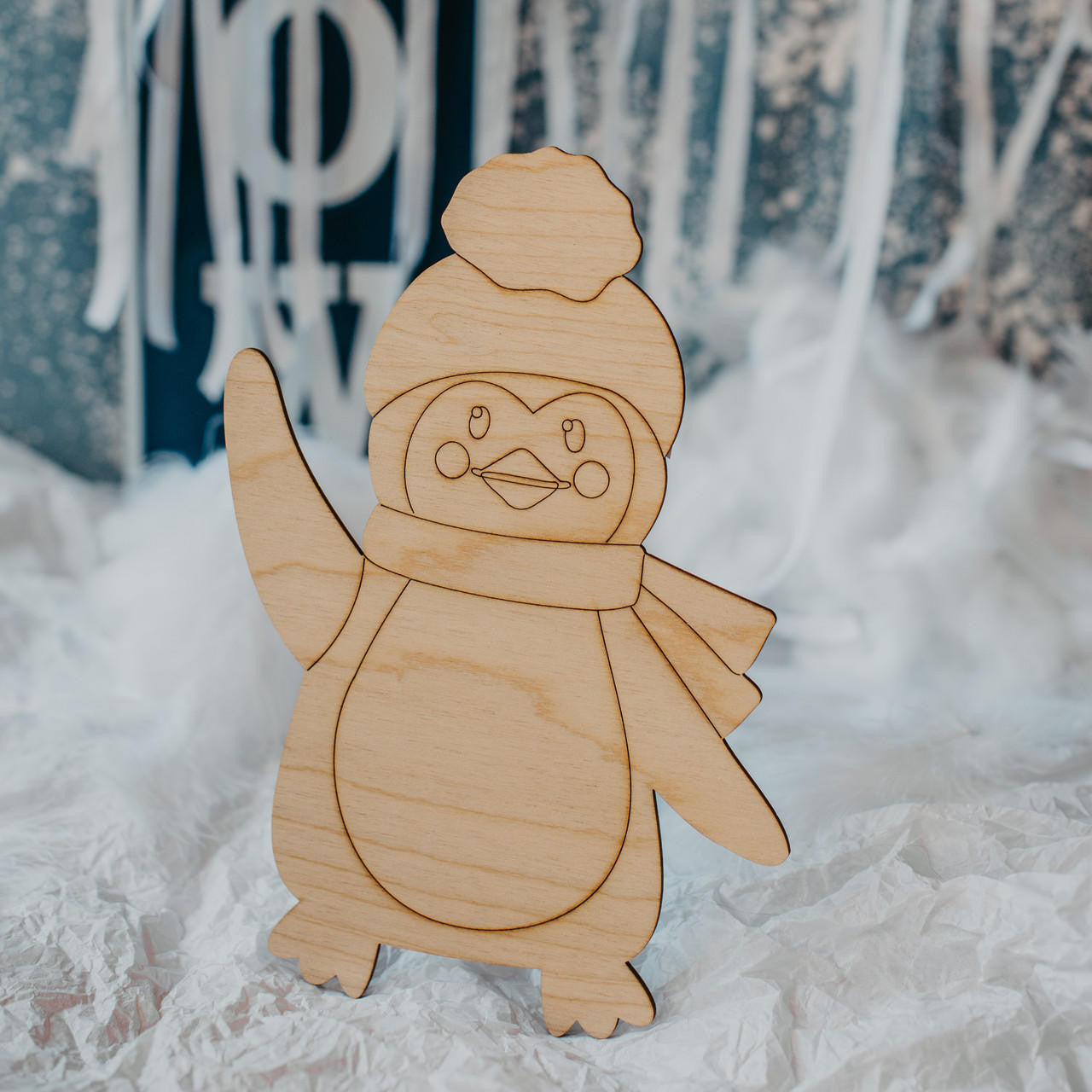 Woodpeckers Crafts Penguin Cutout with Winter Hat
