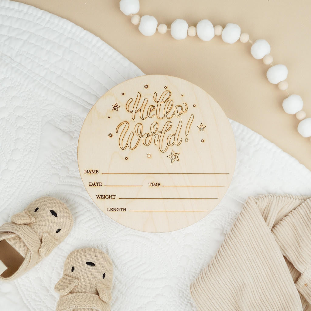 Woodpeckers Crafts Round “Hello World” Birth Announcement Sign, 5.5”