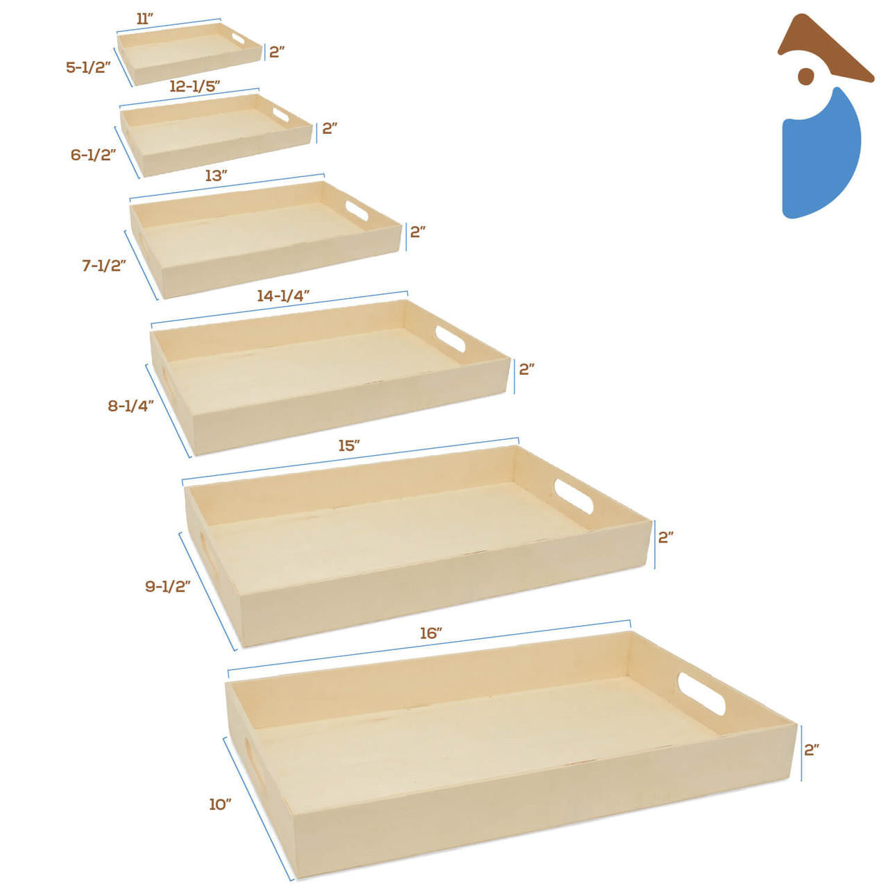 Woodpeckers Crafts Unfinished Wood Nesting Trays with Cutout Handles, Set of 6
