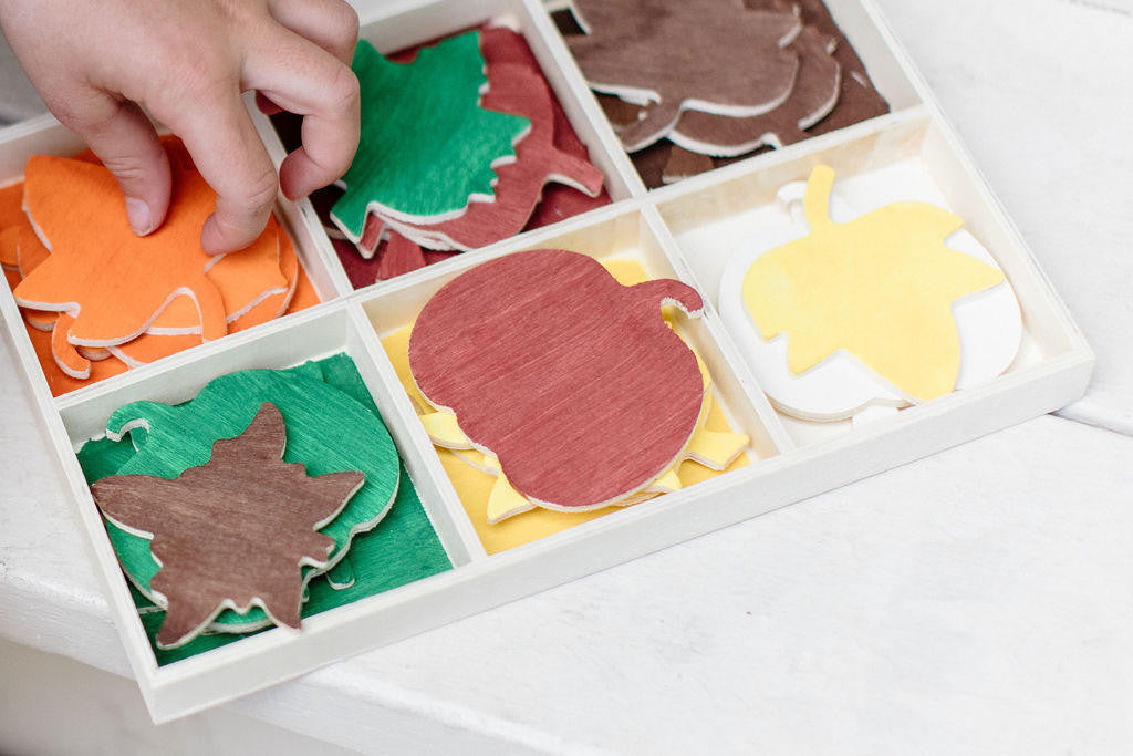 Unfinished Wood Sorting Tray with Autumn Cutouts
