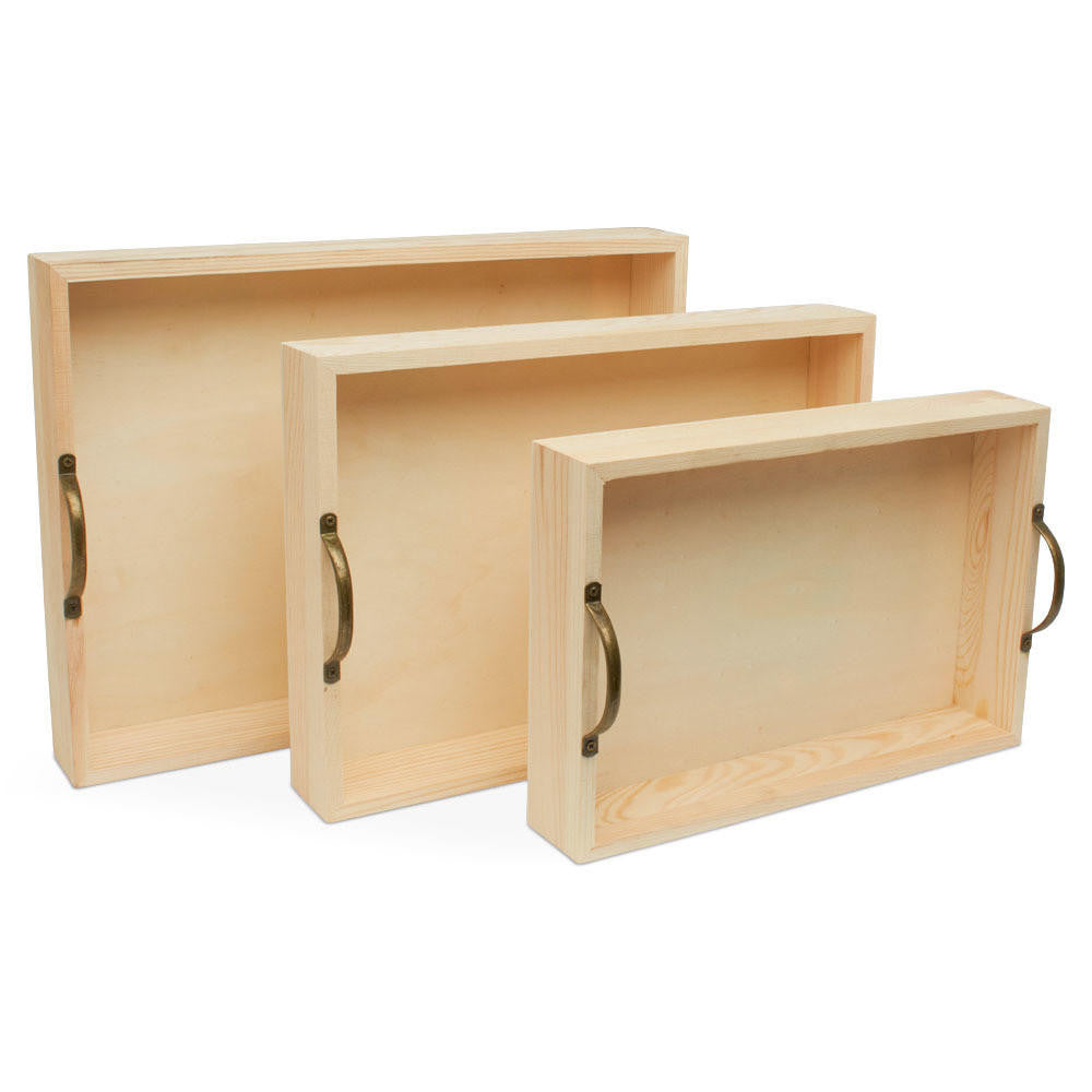 Woodpeckers Crafts Unfinished Wood Trays with Metal Handles Set of Three