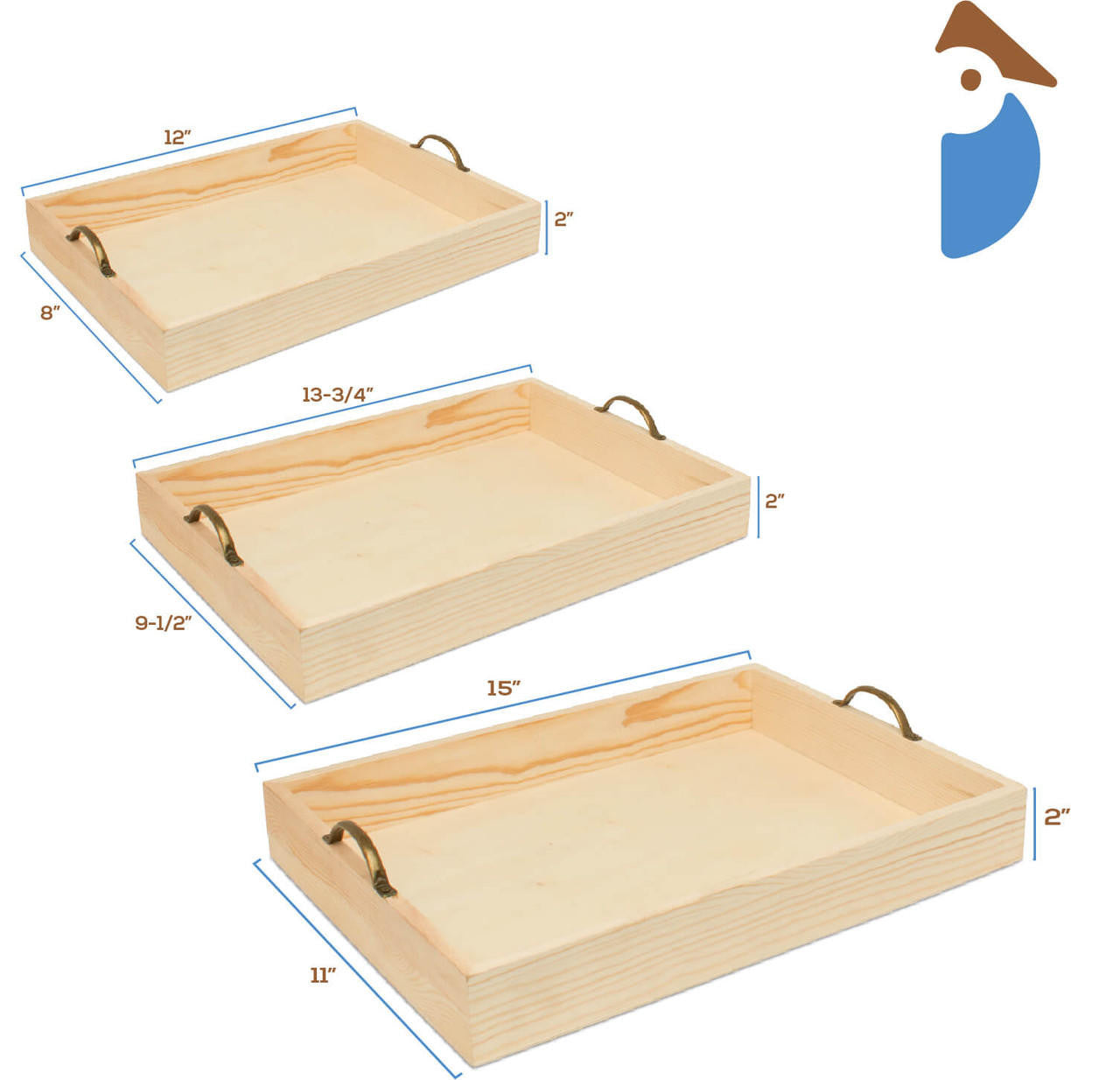 Unfinished Wood Trays with Metal Handles Set of Three