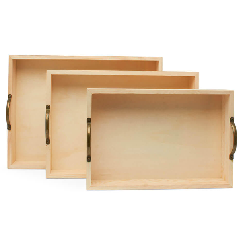 Woodpeckers Crafts Unfinished Wood Trays with Metal Handles Set of Three