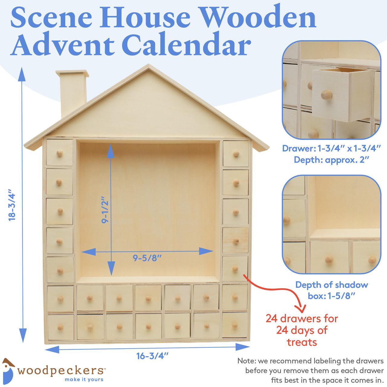 Woodpeckers Crafts Unfinished Wooden Advent Christmas Calendar Large Scene House