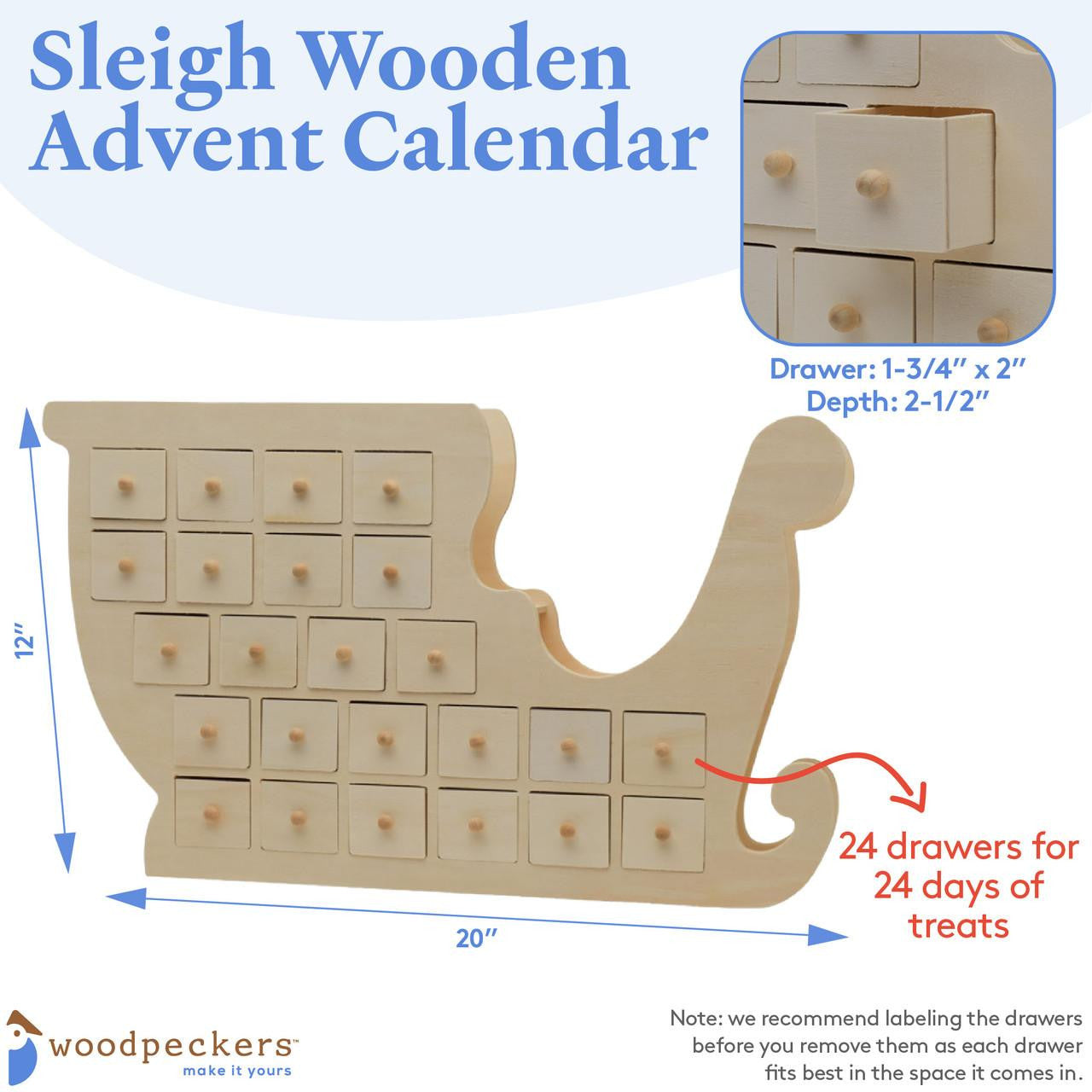 Woodpeckers Crafts Unfinished Wooden Christmas Sleigh Advent Calendar
