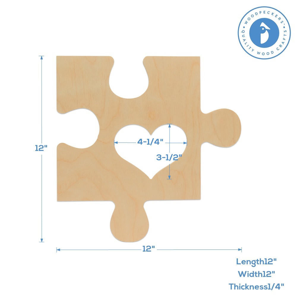 Woodpeckers Crafts Wood Puzzle Piece Cutout, 12" x 12", with Heart Shaped Frame