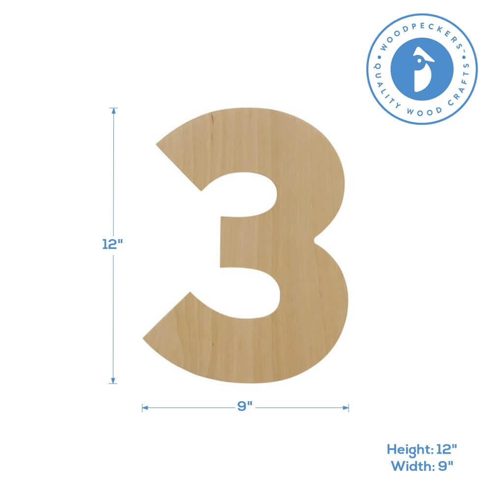 Woodpeckers Crafts Wooden Number 3 Cutout, 12"