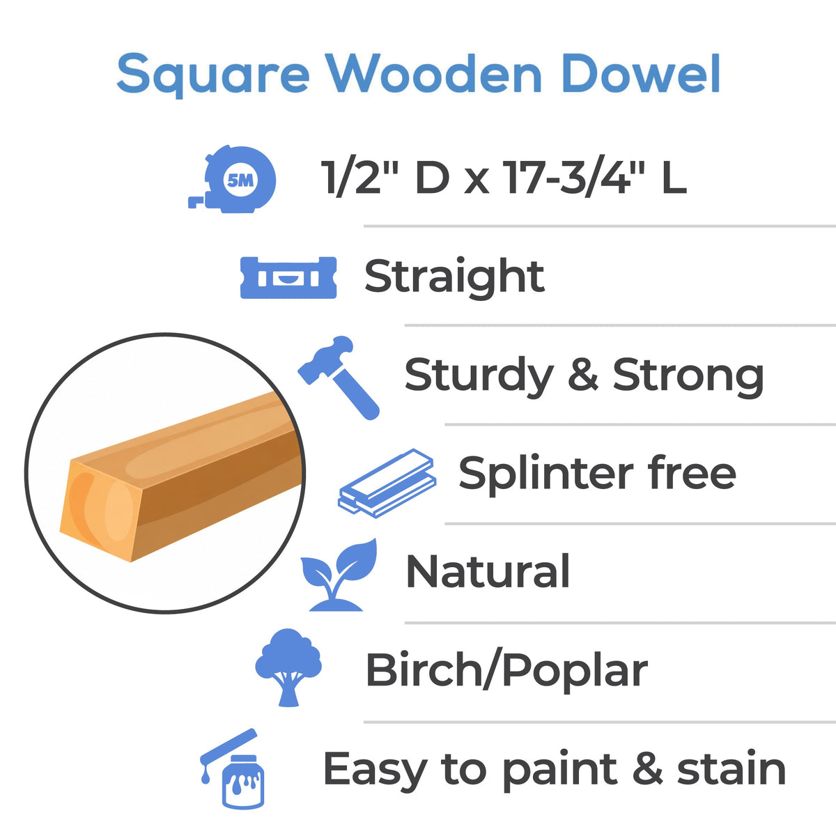 1/2" x 17-3/4" Square Dowel