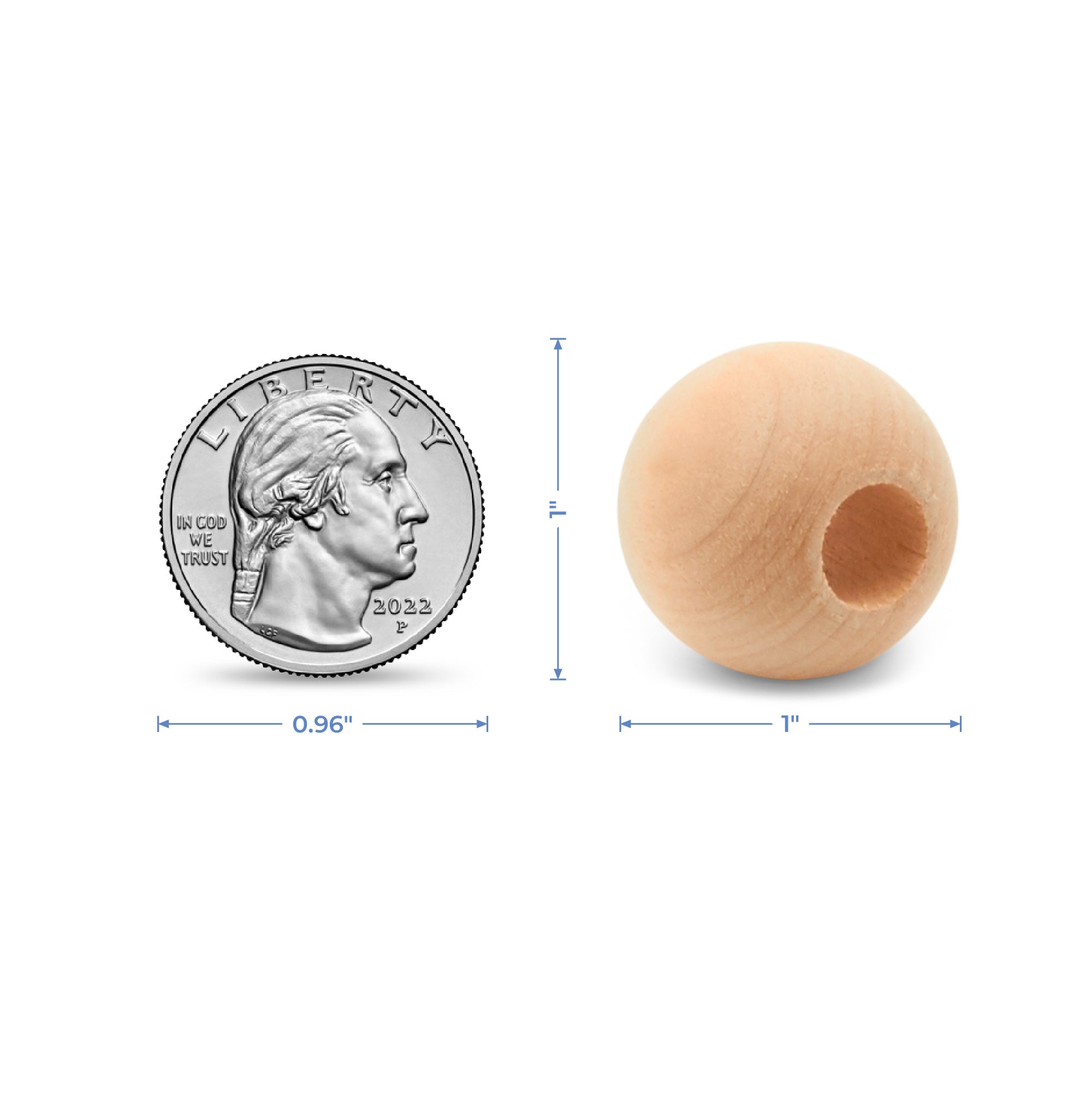 1" Round Wooden Ball Bead, 3/8" Hole