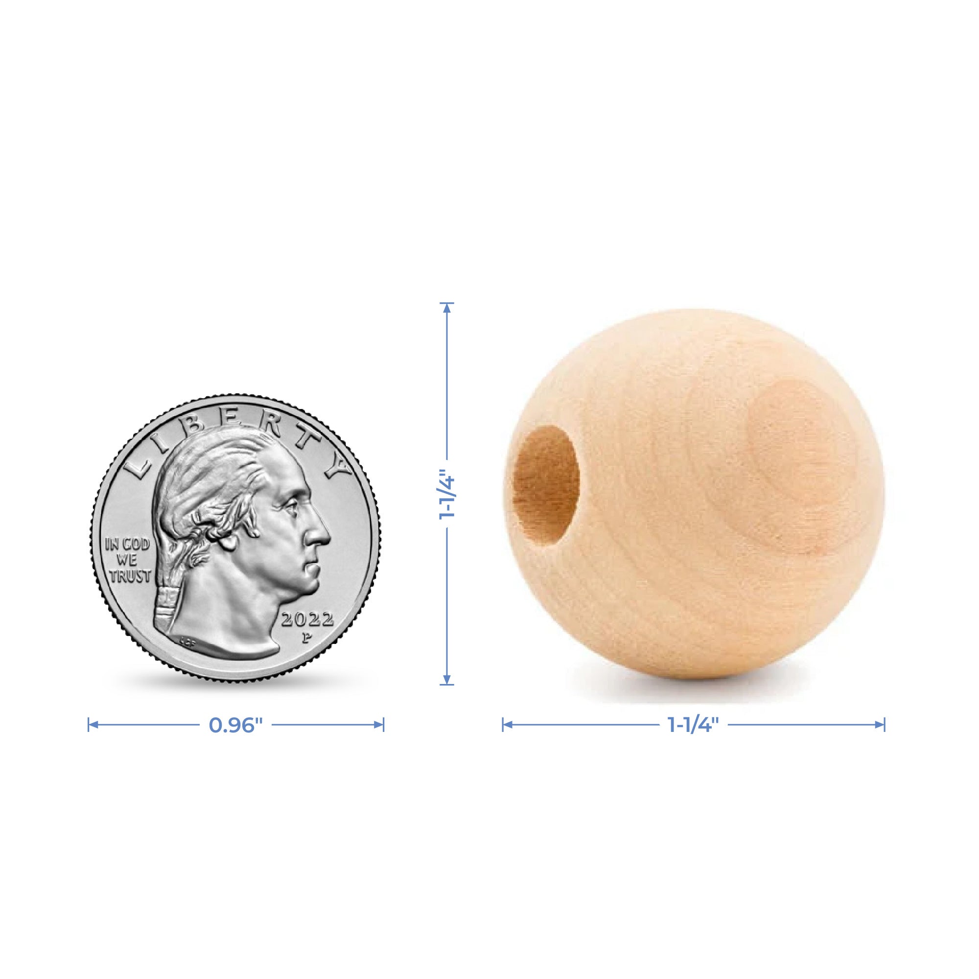 1-1/4" Wood Ball Bead, 1/2" Hole