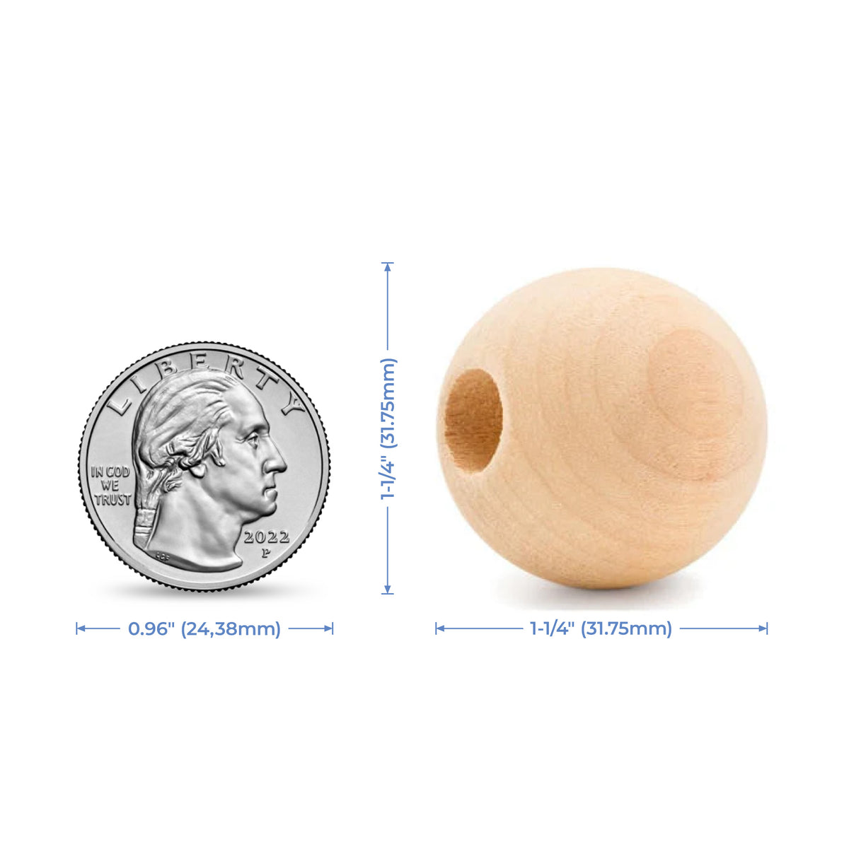 1-1/4" (31.75mm) Natural Wood Ball Bead with 1/2" (12.7mm) Hole