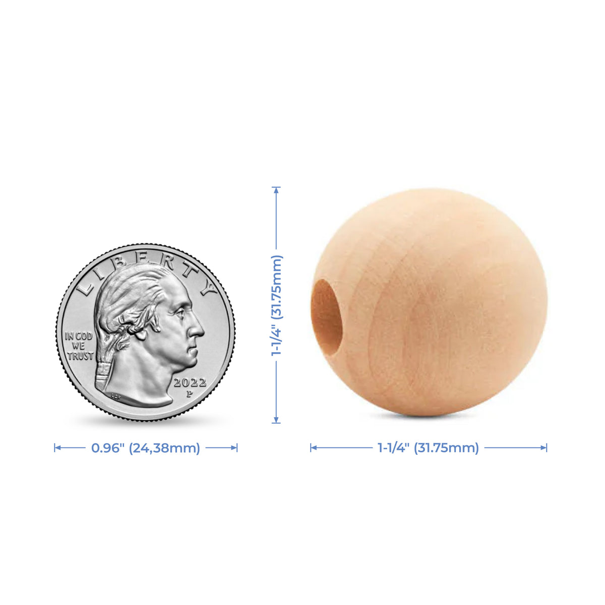 1-1/4" (31.75mm) Natural Wood Ball Bead with 3/8" (9.53mm) Hole