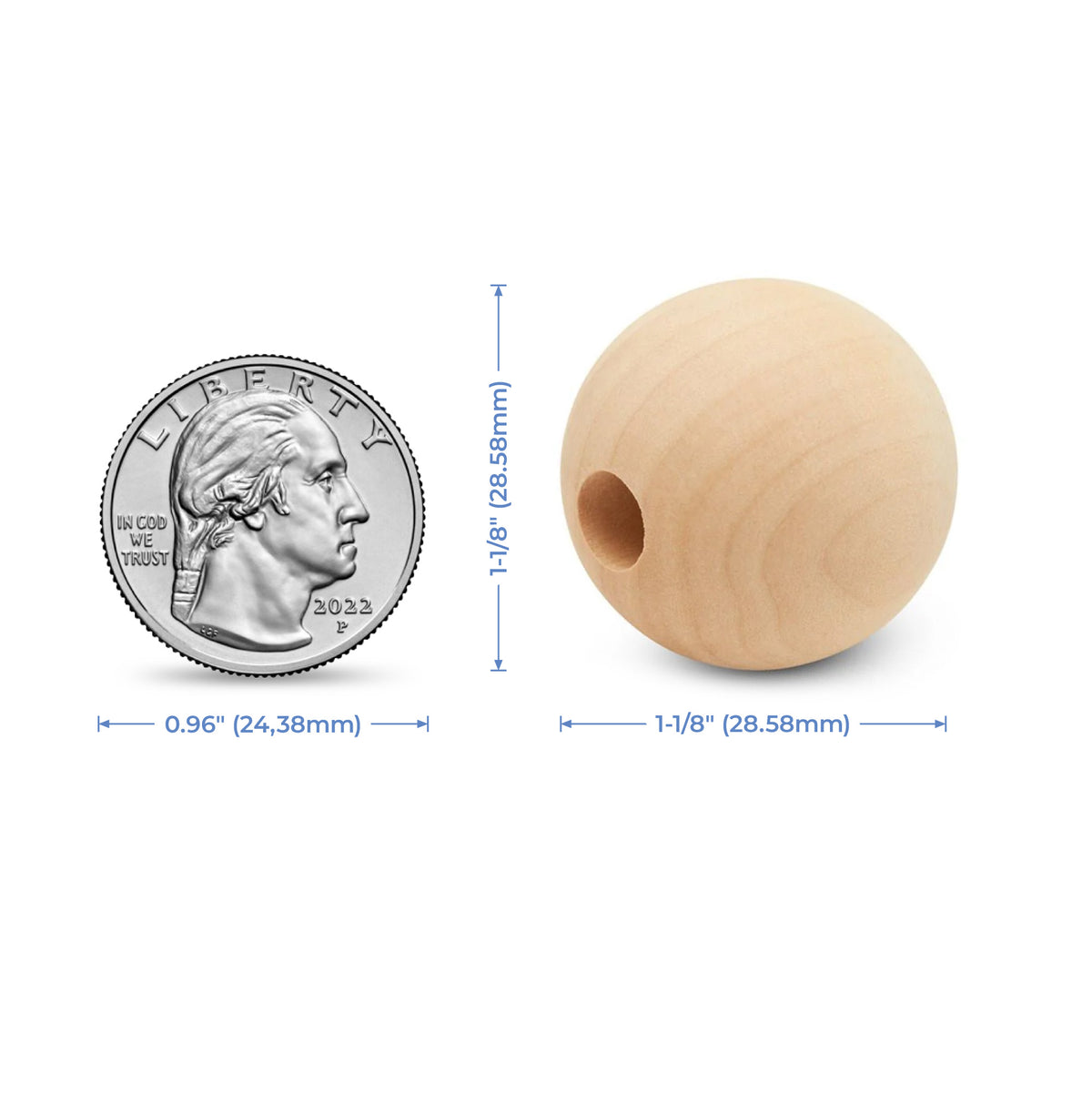 1-1/8" (28.58mm) Natural Wood Ball Bead with 3/8" (9.53mm) Hole