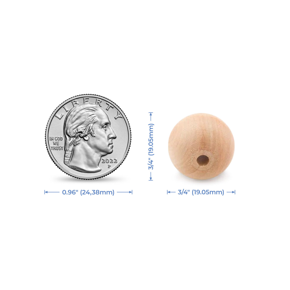 3/4" (19.05mm) Natural Wood Ball Bead with 3/16" (4.76mm) Hole