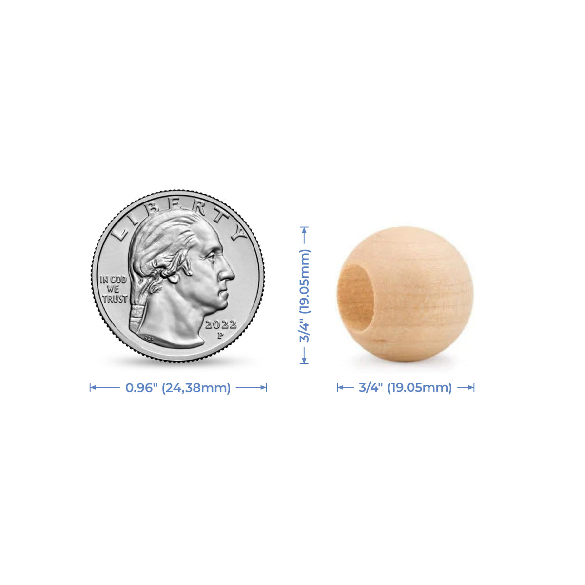 3/4" (19.05mm) Natural Wood Ball Bead with 3/8" (9.53mm) Hole