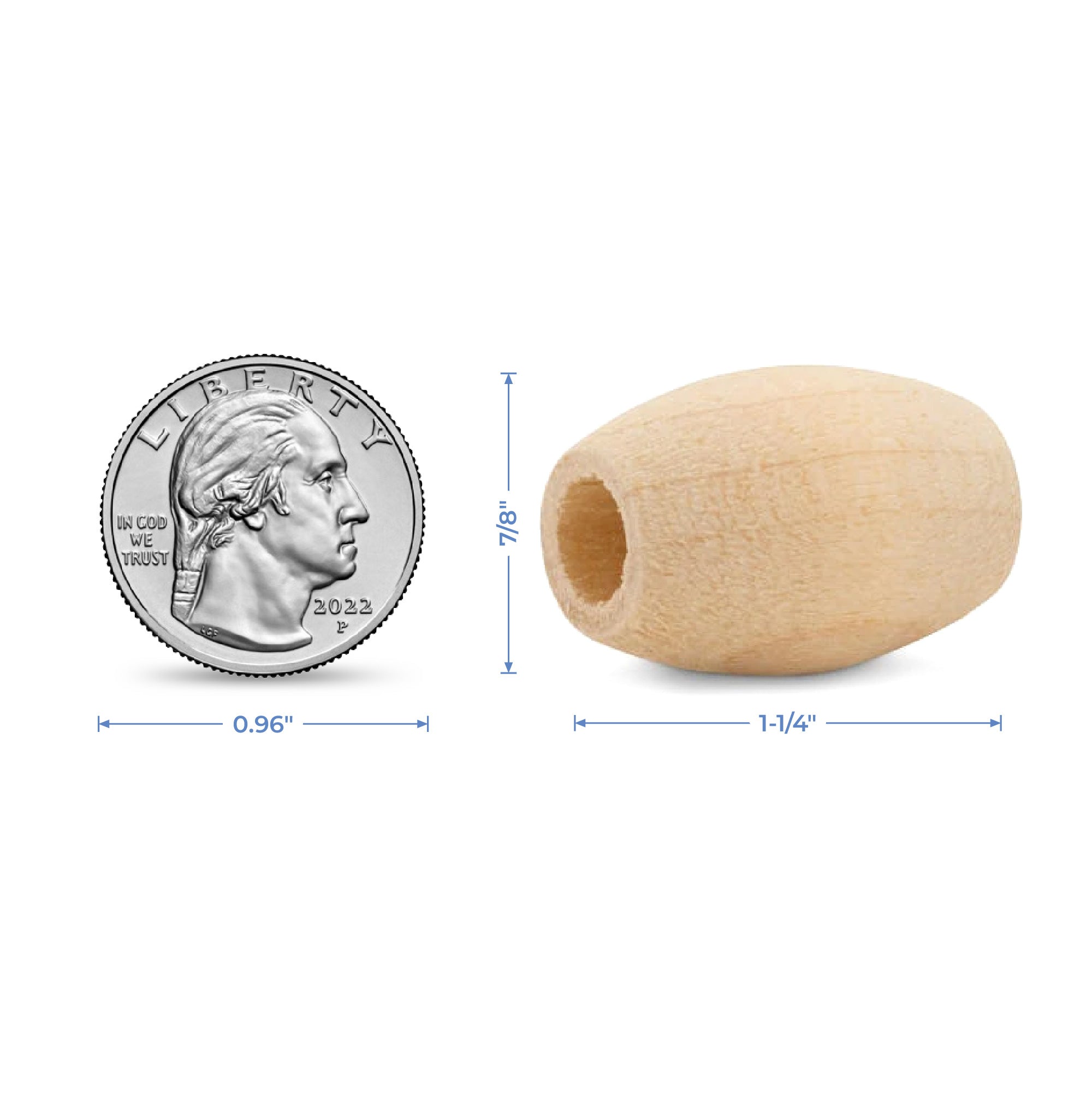 1-1/4" x 7/8" Wood Oval Bead, 3/8" Hole
