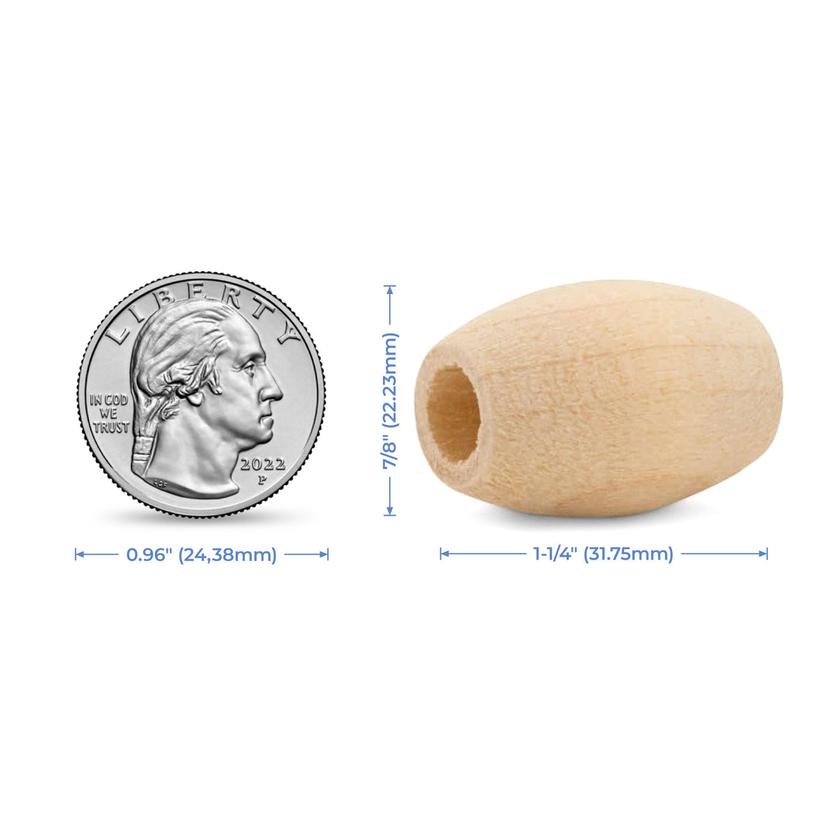 1-1/4" (31.75mm) Wood Oval Bead with 3/8" (9.53mm) Hole