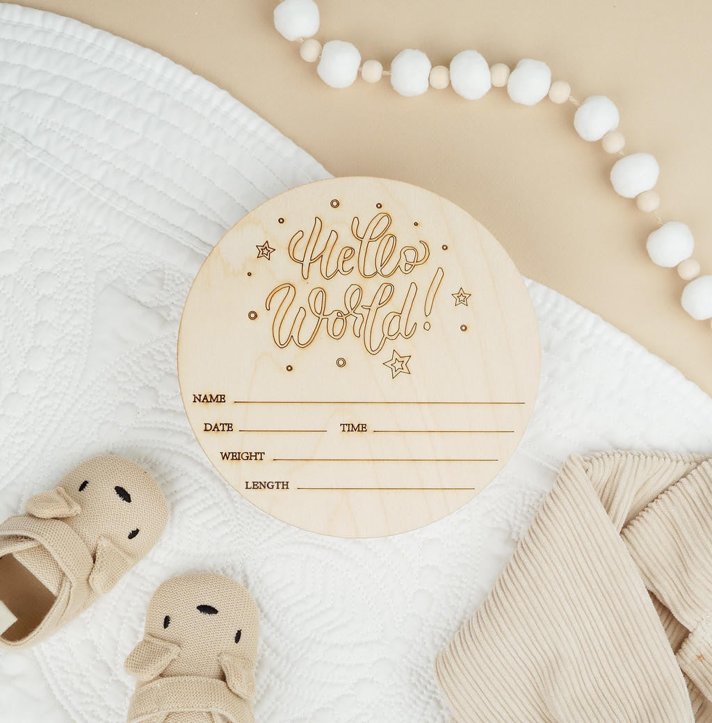 Woodpeckers Crafts Round “Hello World” Birth Announcement Sign, 5.5”