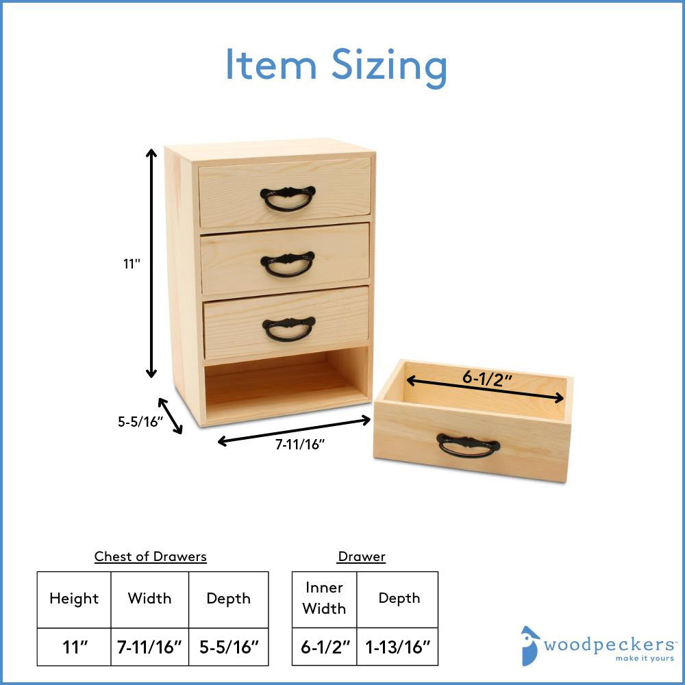 Small Wooden Chest of Drawers, 11” | Woodpeckers Crafts