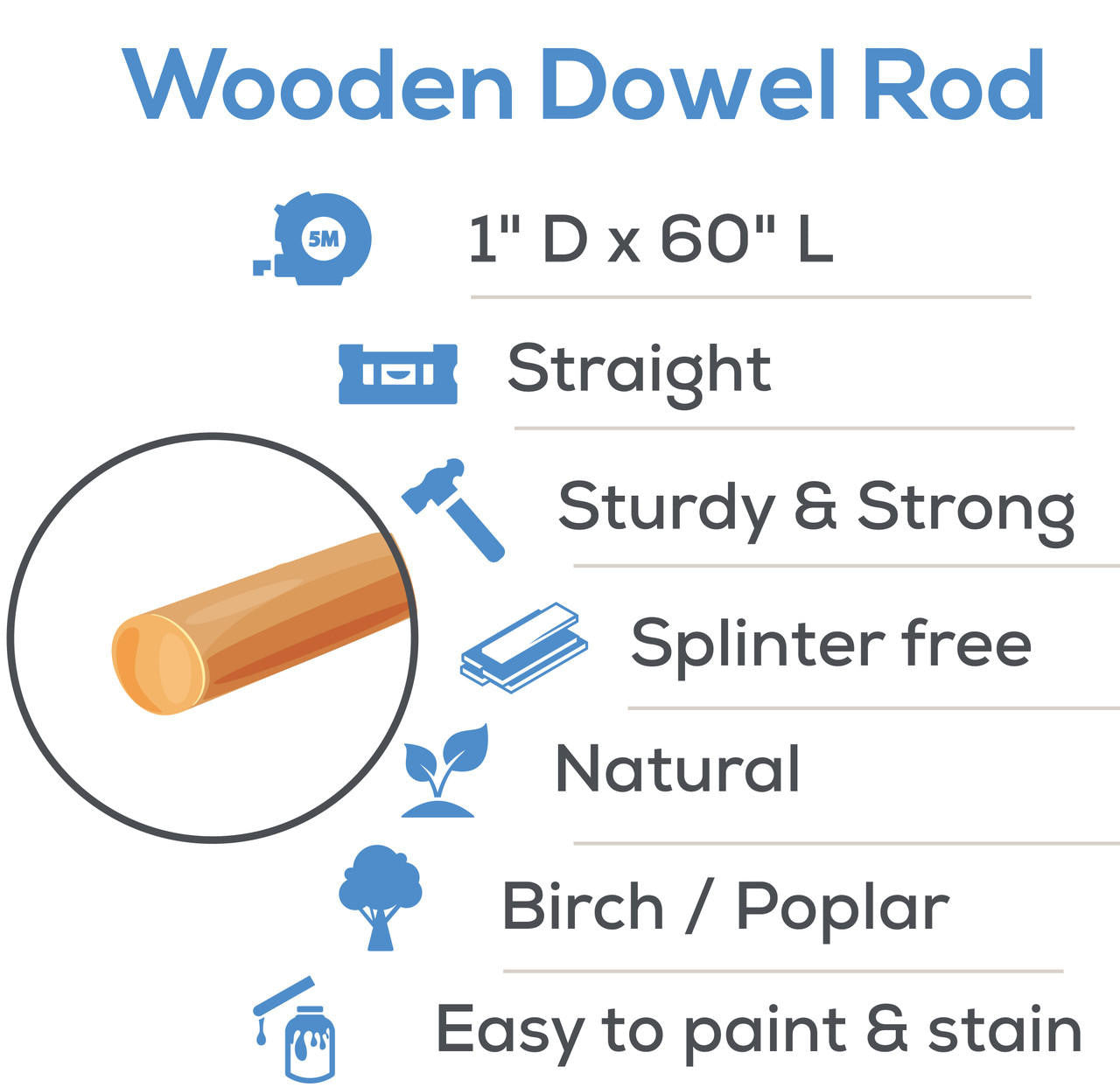 WOOD DOWEL ROD, 1" X 60"