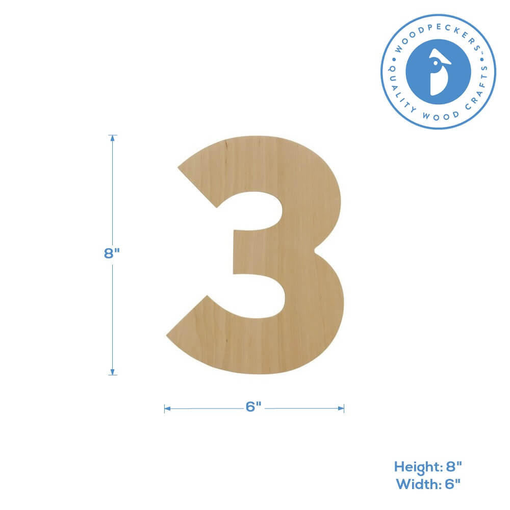 3rd Cut Out Wooden Number 3 Cutout, 8” | Woodpeckers Crafts